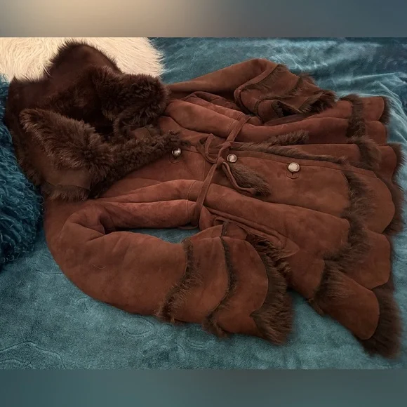 RARE Vintage Suede Shearling HEAVY COAT super warm made in USA Fit & Flare sz L - Picture 15 of 17